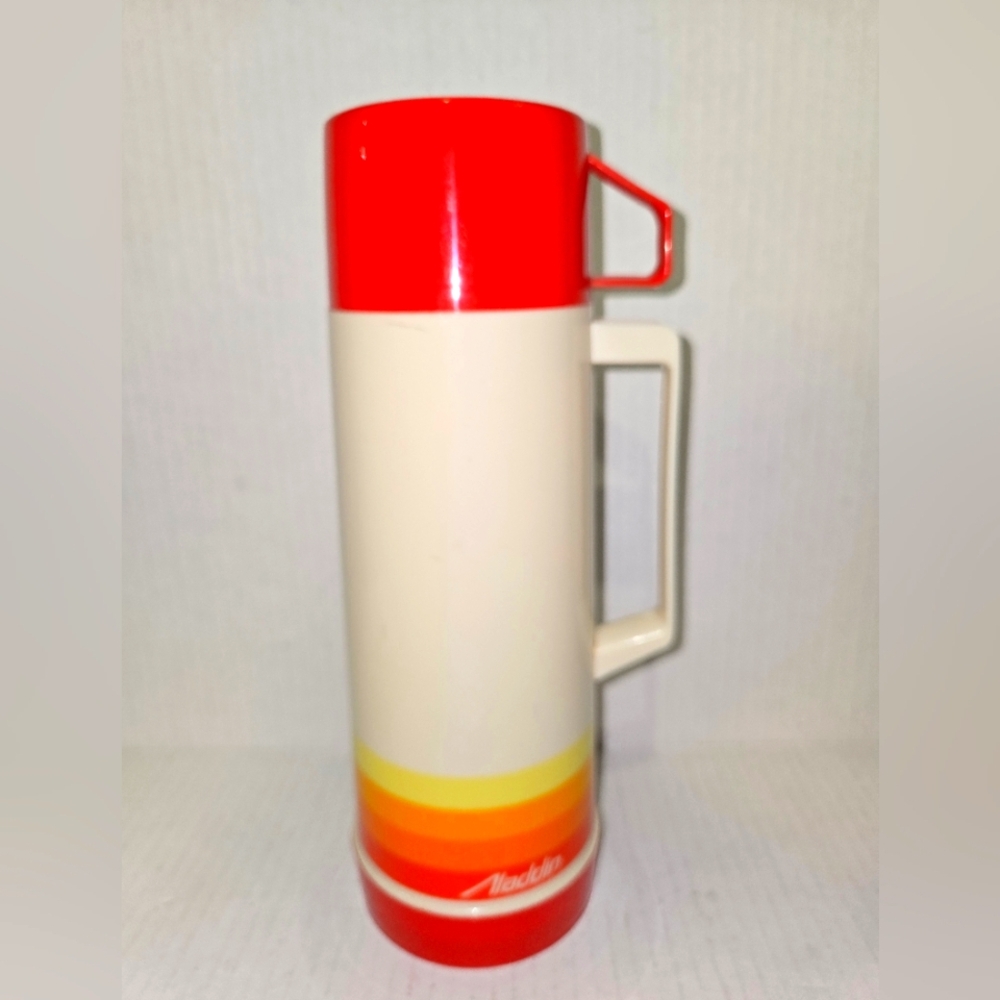 Vintage Aladdin Pint Thermos Yellow, Orange & Cream Cup No 223 Stopper No 30